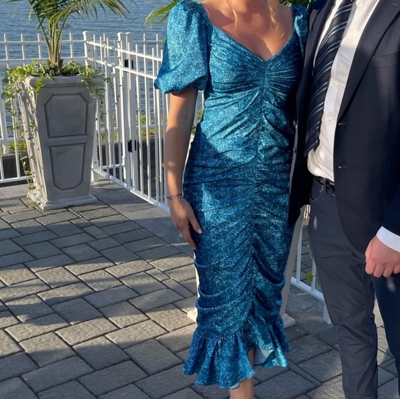 AMUR Floral Ruched Mermaid Tiered Puff Sleeve Peasant Blue Midi Dress. Size 10. - Picture 6 of 15